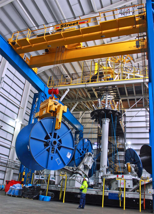 72 tonne overhead crane for reel loading and unloading has been installed in a new marine cable factory by Street Crane Company