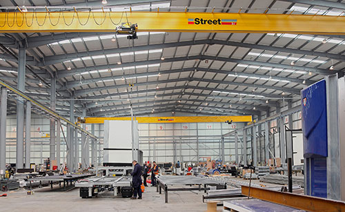 The cranes installed are all single girder, box beam, units fitted with Street’s advanced ZX series low headroom hoists