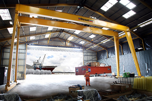 A 15-tonne Goliath crane was specified and is being used for general offshore engineering services such as equipment repairs, maintenance and preparation of new equipment such as subsea ploughs